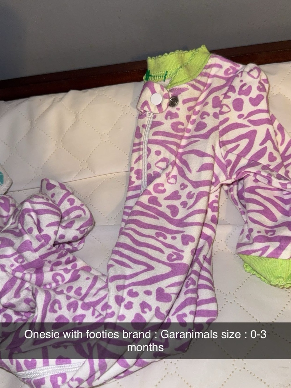 Garanimals Purple and White Animal-Print Footed One-Piece with Lime Trim